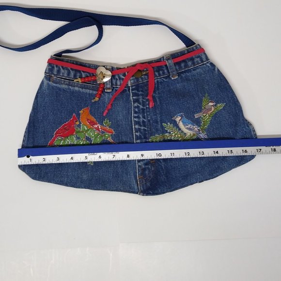 Shoulder Bag Handmade Denim Sheplers Jeans Boho Hippie Cardinals and Blue Jays - Picture 11 of 12